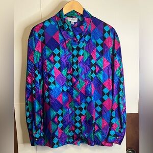 Retro 80s Harlequin Dopamine Button Down Polyester Blouse